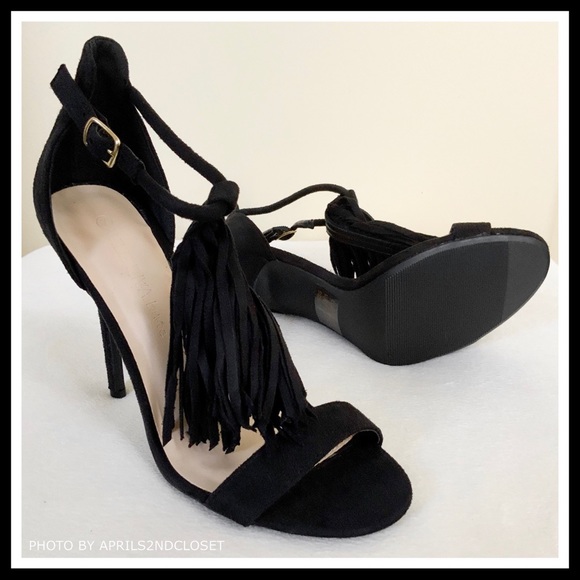 BLACK TASSEL FRINGE ANKLE STRAP HEELS SANDALS - Picture 6 of 8